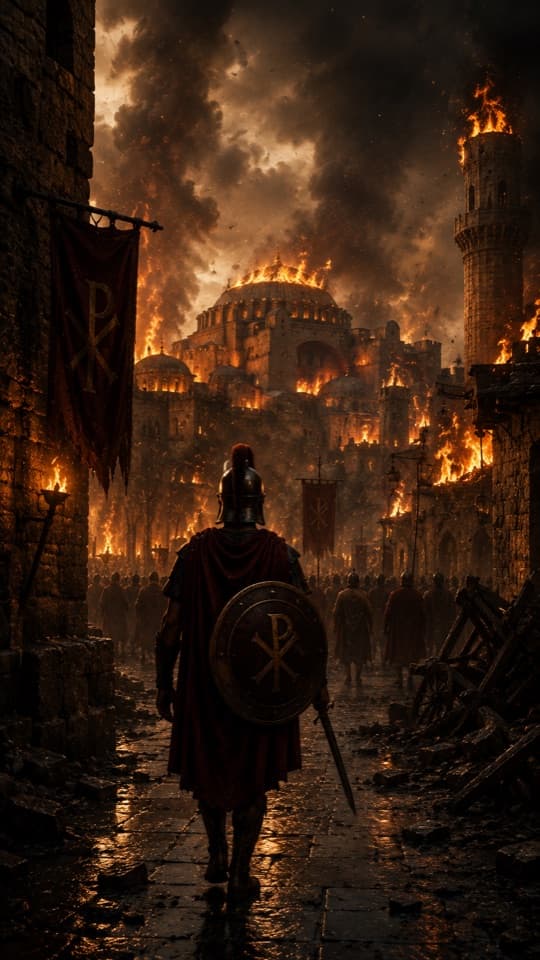 A soldier with a Chi-Rho shield walking through a burning ancient city at night