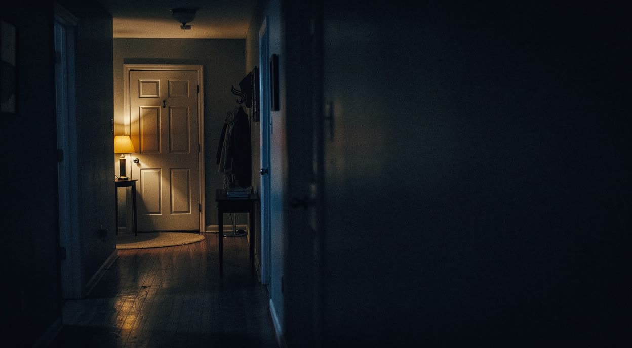 A front door at the end of a dark hallway, lit by a single warm lamp