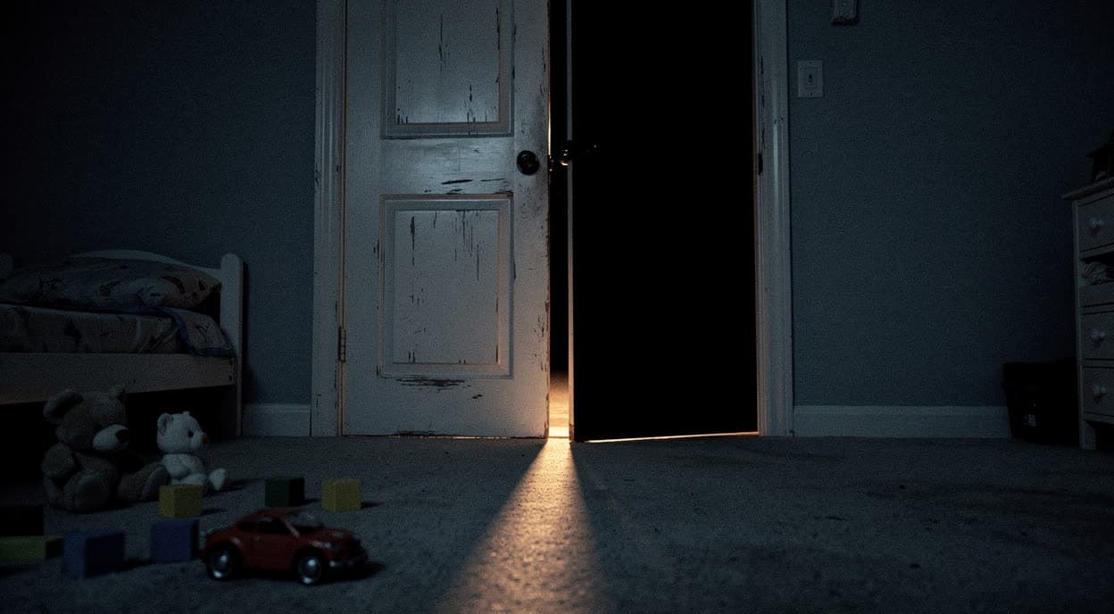 A closet door open a hand’s width in a child’s bedroom, warm light spilling from the gap