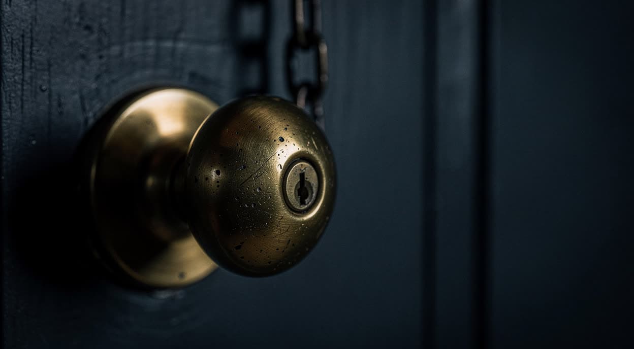 An extreme close-up of a brass doorknob mid-turn, the door chain hanging slack behind it
